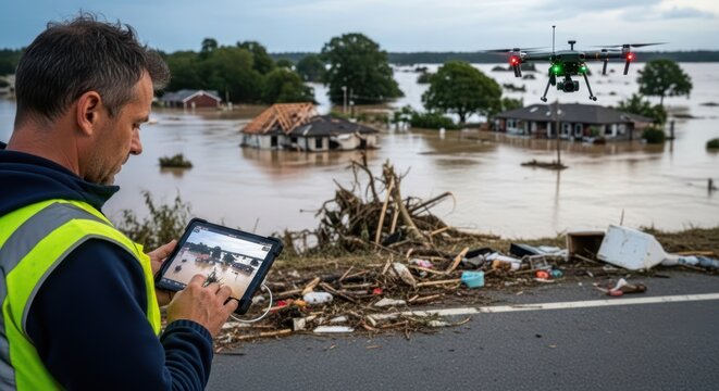 Drone surveying flooded disaster area with man using tablet.