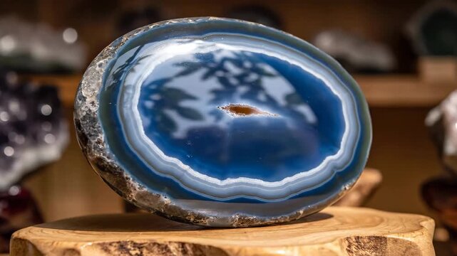 Polished blue agate slice on wooden stand, mineral specimen display