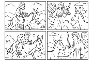 Balaam's donkey and angel encounter biblical story for educational and coloring book design