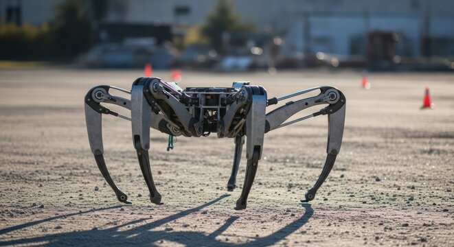 Advanced robotic quadruped with articulated legs on outdoor terrain.