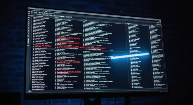 Computer Screen Displaying Lines of Code with a Blue Light Beam.