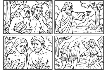 Biblical comic strip of adam and eve's expulsion from eden, monochrome line art for educational and religious materials