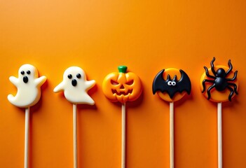 Top view: Halloween cake pops in the shape of pumpkins, ghosts, skeletons, bats on an orange background
