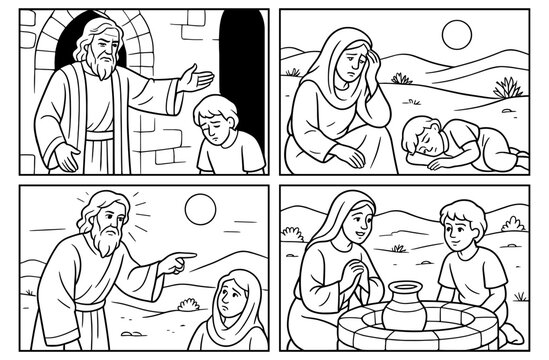 Hagar and ishmael expulsion biblical story in simple comic style for educational use