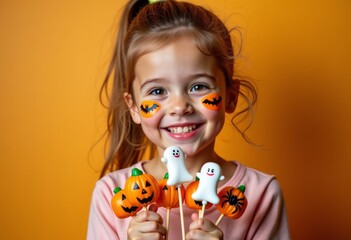 A child - a girl with a painted face for Halloween - holds cake pops in her hands in the form of images of Halloween pumpkins, ghosts, and bats