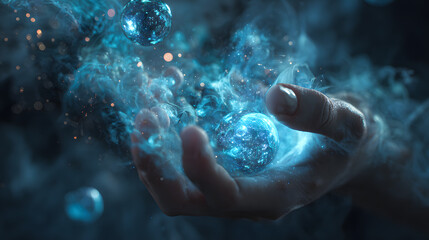 Ultra HD A hand holds glowing blue orbs of energy, surrounded by smoke and sparkles image