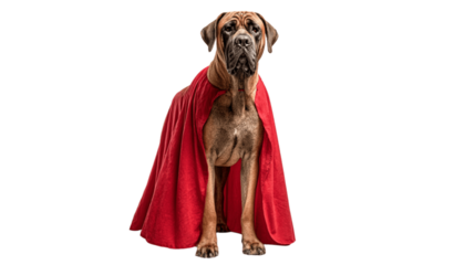 A brown mastiff dog wearing a red cape standing against a black background looking at the camera, Generative AI