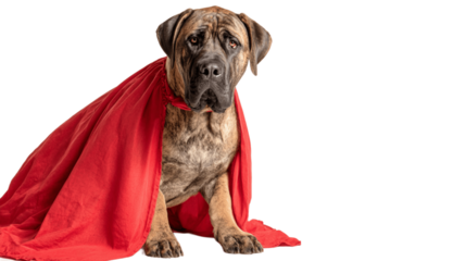 A brindle mastiff wearing a red cape and sitting in a studio with a black background looking at the camera, Generative AI