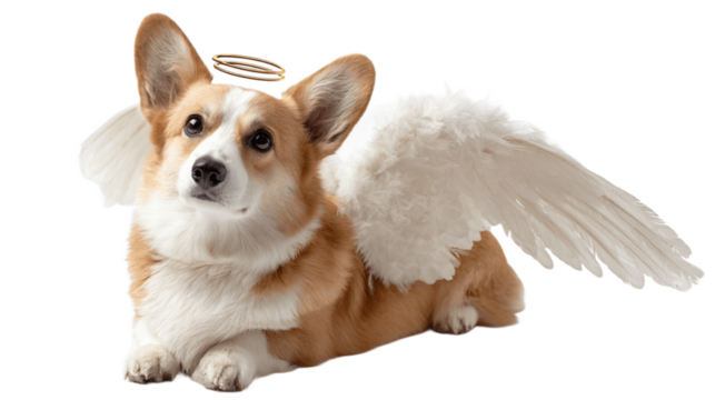 A corgi with angel wings and a halo lying down looking at the viewer on a transparent background, Generative AI