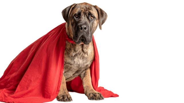 A brindle mastiff wearing a red cape and sitting in a studio with a black background looking at the camera, Generative AI