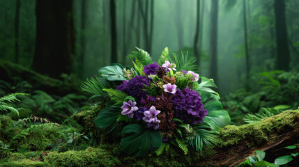 A vibrant bouquet of purple and green flowers rests gracefully on a moss covered log within a lush and enchanting forest setting, radiating natural beauty.