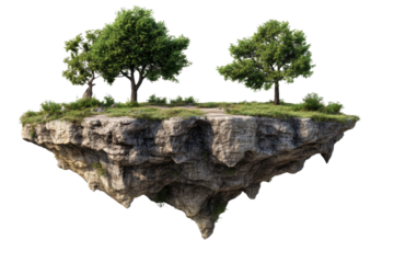 Floating island features lush trees and rocky landscapes, creating a serene scene high above ground level during bright daylight