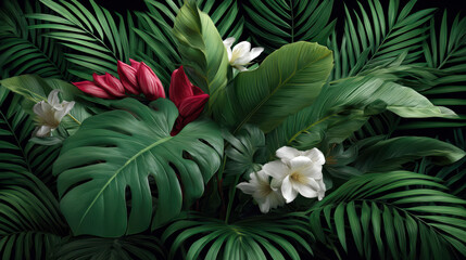 Lush tropical foliage featu large green leaves, vibrant red ginger flowers, and delicate white blossoms creates a captivating exotic nature background display.