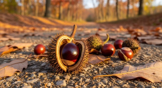 Autumn Forest Path with Fallen Horse Chestnuts and Colorful Leaves.
