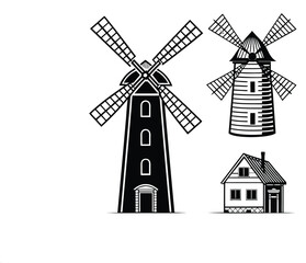 windmill and house icon set 