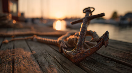 Obraz premium Ultra HD Old rusty anchor with rope on a wooden pier at sunset, boats in the background image