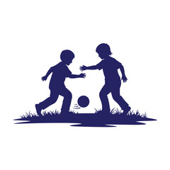 Vector art of two children playing soccer together in silhouette against a