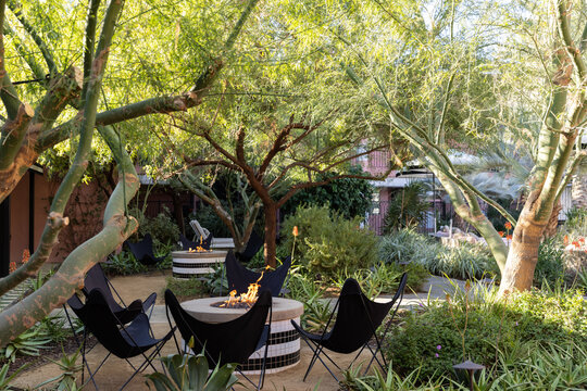 Lush garden with roaring firepits and black fabric butterfly chairs 