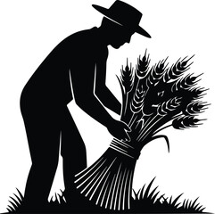 Vector silhouette farmer harvesting wheat sheaf in field illustration