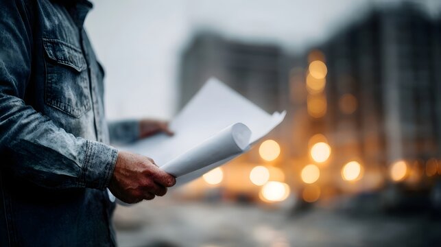 Architect reviews blueprints at an outdoor construction site with blurred lights in the background