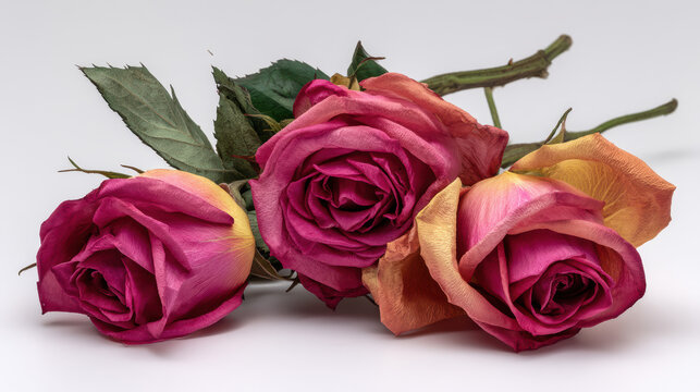 Three pink and yellow roses lay gracefully together against a plain backdrop, showcasing delicate petals and subtle signs of withe, adding rustic charm.