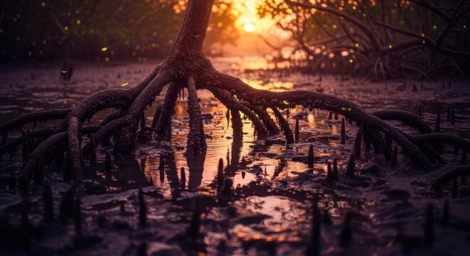 Mangrove roots exposed at low tide with golden sunset light reflecting on water.