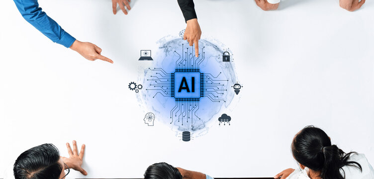A diverse group of professionals collaborate on an AI concept, showcasing technology and innovation through digital icons on a table, representing modern business strategies. Trope - Powered by Adobe