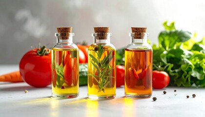 Three small glass bottles of infused oils, with herbs and vegetables