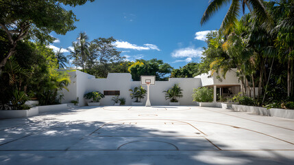Ultra HD Outdoor basketball court surrounded by lush greenery on a sunny day image