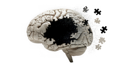 Brain puzzle losing pieces isolated on transparent background representing dementia