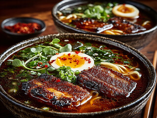 two bowls of ramen soup. The front bowl contains slices of charred pork belly, boiled eggs, and fresh microgreens, while the back bowl has noodles, slices of grilled meat, and boiled eggs.