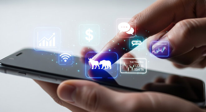 Hand using smartphone with glowing icons for stock trading, finance, and communication finger touching isolated on a transparent background