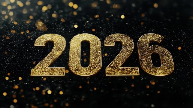 The number twenty six is written in gold letters on a black background Christmas background. 2026 year gold numbers