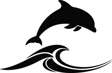 Fototapeta premium Vector silhouette of jumping dolphin above ocean wave illustration