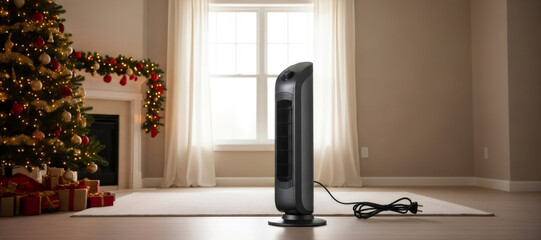 Modern black tower fan in cozy Christmas living room. Holiday home interior with decorated tree, gifts, and warm lighting for winter comfort