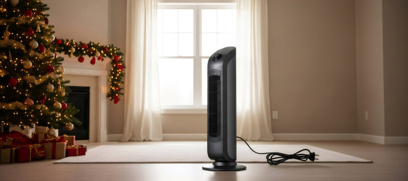 Modern black tower fan in cozy Christmas living room. Holiday home interior with decorated tree, gifts, and warm lighting for winter comfort