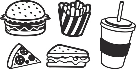 vector icon set of burger fries pizza slice sod