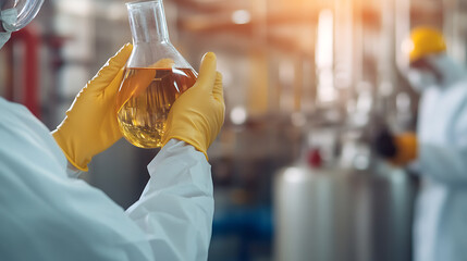 Lab technician analyzes liquid sample in flask, ensuring quality control and safety. Science at work in a modern lab with advanced equipment.