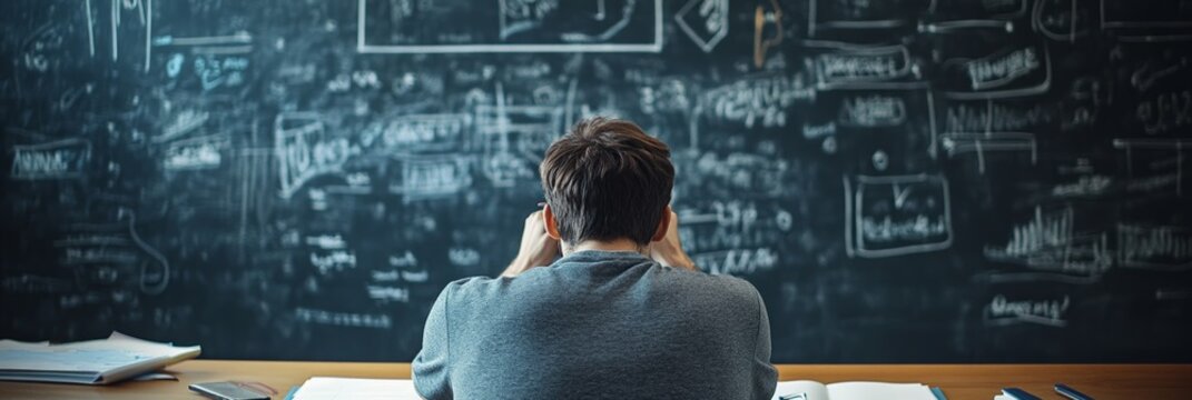 Young college student preparing next exam, looking at a huge blackboard full of math formulas and equations, sitting at desk with books and notebooks, back view
