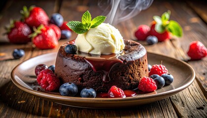 Chocolate lava cake with ice cream and berries on wooden surface