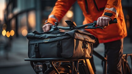 An electric courier in an orange jacket is on his way to make a delivery