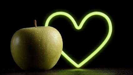 Obraz premium Green apple with water droplets next to a glowing neon heart on black background.
