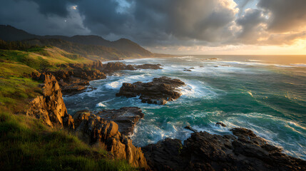 Fototapeta premium Ultra HD Dramatic coastline with rocky cliffs and crashing waves at sunset in kauai, hawaii image