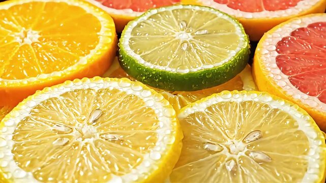 vibrant wet citrus fruit slices including fresh orange lemon lime and grapefruit ideal for healthy food and drink concepts.