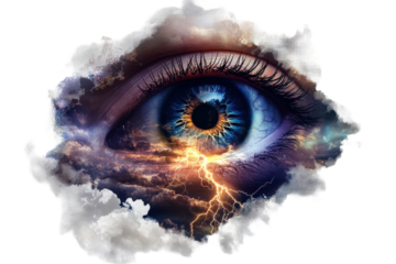 Storm clouds and lightning form a dramatic eye design with vivid colors and intricate details in a captivating artwork
