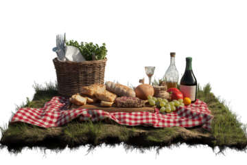 Picnic still life featuring bread, wine, fruits, and vegetables arranged on a checkered cloth with a wicker basket and greenery