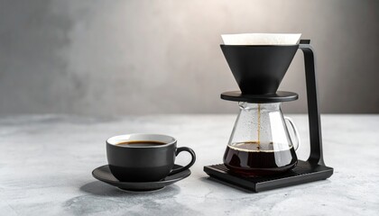 Coffee brewing setup with cup and filtered coffee in glass carafe