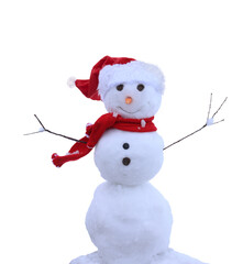 Cute smiling snowman with red scarf and hat  isolated on transparent background
