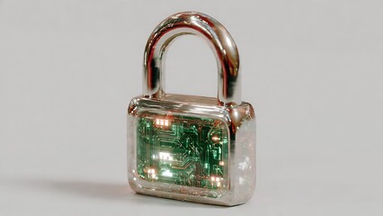 Digital security concept: a padlock with a circuit board core
