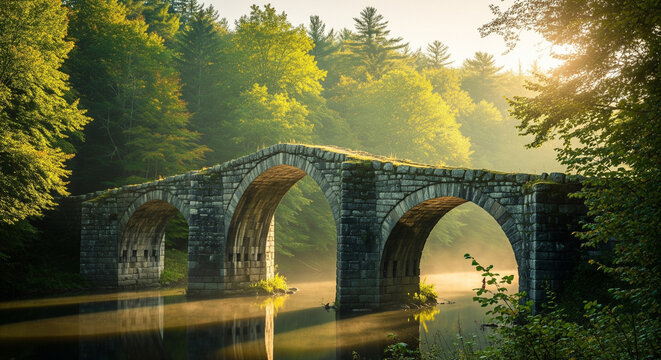 Mystical Old Stone Arch Bridge at Sunrise with Fog Over Water
A magical, wide-angle landscape of a historical stone arch bridge spanning a dark river or creek